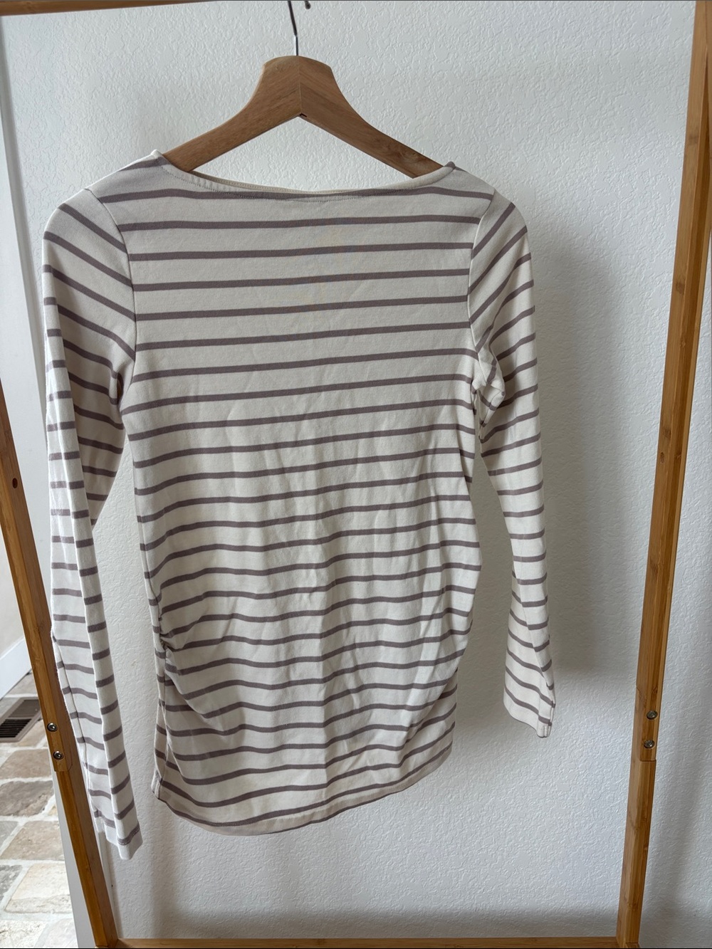 Maternity Striped Long-Sleeve Boatneck Top in Cream and Taupe
